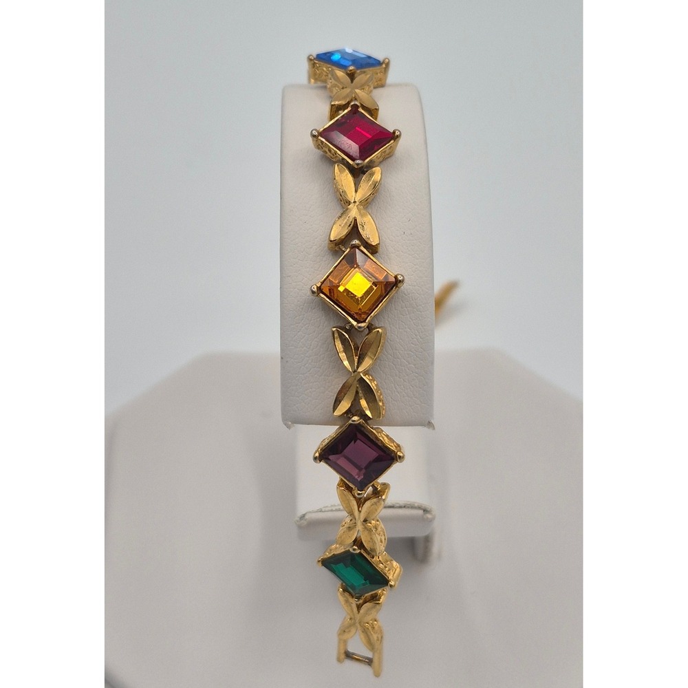 Bracelet Multi Color Rhinestone Butterfly Link Bracelet Gold Tone Square Cut